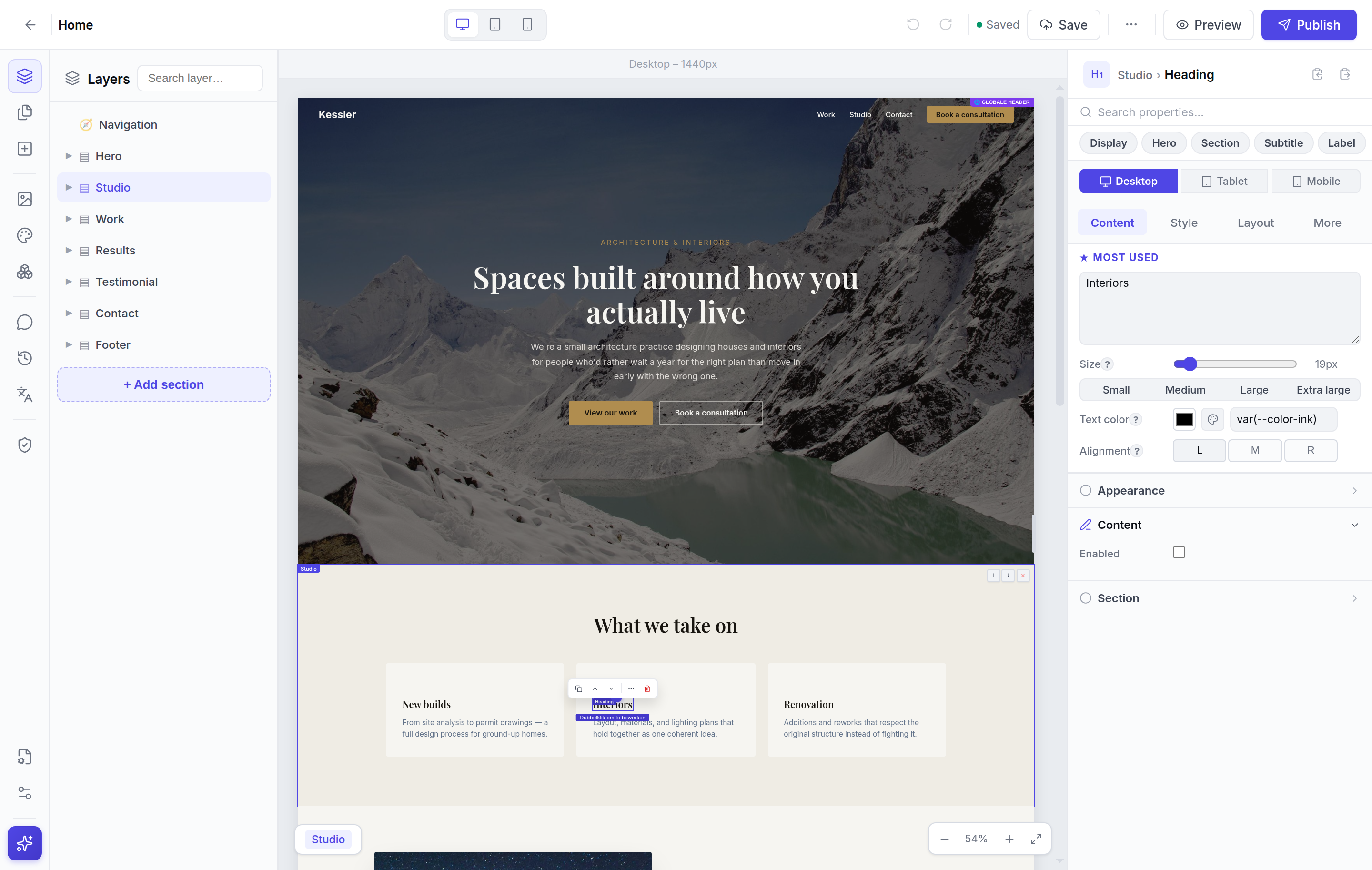 De Pagebase-editor met lagenpaneel, canvas en stijlpaneel voor pixelperfecte controle